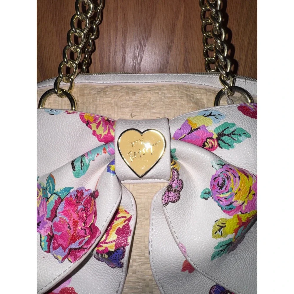 Betsey Johnson XOX Betsey Straw Satchel Floral Bow Handbag Gold Chain Handles